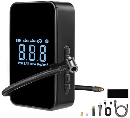 Lizbn Mini Portable Tyre Inflator, 12V 6000mAh Car Tyre Inflator, 150 PSI Wireless Tyre Inflator Air Compressor cordless with 4 Nozzles Adaptors SOS Light 40cm Tube for Car Motorcycle Bicycle Balls