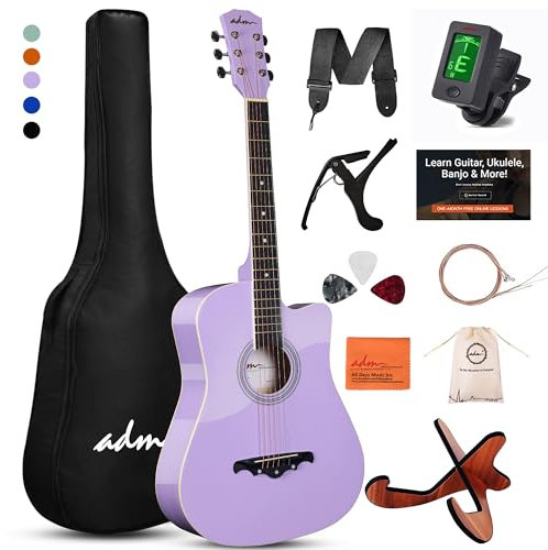 ADM 38 Zoll Akustikgitarre Bundle für Anfänger Erwachsene mit Online-Unterricht, Cutaway Holz Acustica Guitarra Starter Set Paket mit Gigbag, Gurt, Stahlsaiten, Plektren, Kapodaster, Ständer, Lila
