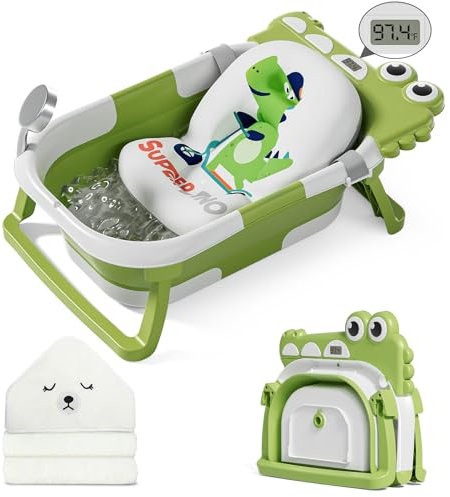 MoreFeel Faltbare Baby-Badewanne für Neugeborene mit Thermometer und 1 Kapuzenhandtuch und 1 weiches schwimmendes Kissen, tragbare Reisebadewanne mit Ablaufloch, langlebig, faltbare Babywannen für