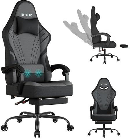 Fabric Gaming Chair for Adults, Ergonomic PC Video Gamer Chair with Footrest, Office Computer Chairs with Headrest and Lumbar Support, Height Adjustable 360° Swivel Chair, Up to 400LBS(180KG)-Gray