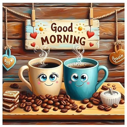 SHEGZHUC Diamond Painting 30 x 30 cm, Tasse à Café Good Morning, Art Mosaïque de Cuisine avec Grains de Café, Broderie Point de Croix - Cadeau