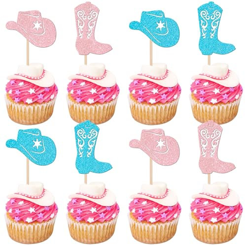 Xsstarmi 24 Pack Cowboy Cupcake Toppers Glitter Blue or Pink Cupcake Picks Boy or Gril Cake Decorations for Cowboy Theme Gender Reveal Baby Shower Kids Birthdaty Party Supplies