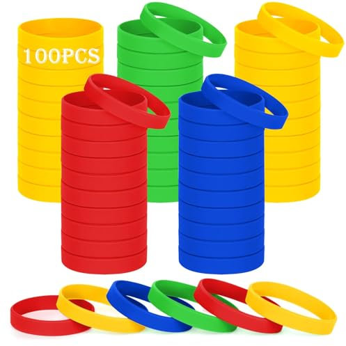 HONTIUS 8'' Pulseras de Silicona, 100PCS Pulseras Elásticas de Goma, Pulsera de Silicona para Hombre Mujeres Mayor de Deportes 4 colores