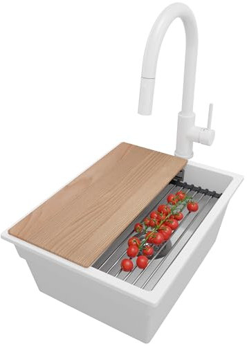 PRIMAGRAN Fregadero Granito Blanco 36x47cm, Fregadero Cocina 1 Seno + Sifón + Grifo 40x20cm + Accesorios, Fregadero Granito sobre encimera al mueble 40cm - Prague Slim