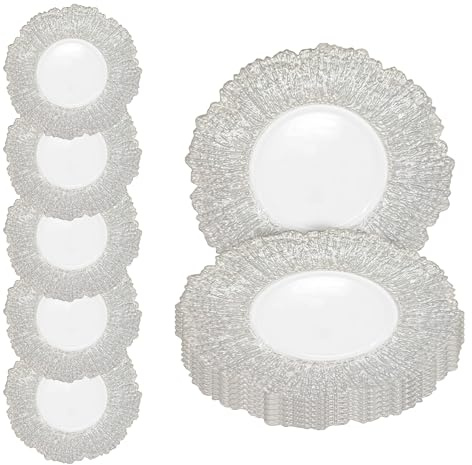 Event Decor Shop Charger Plate White Crackled Design - Silver - 12pcs | Perfect for Weddings, Parties, and Home Dining, Decorative and Affordable Clear Charger Plates for Event Table Decor