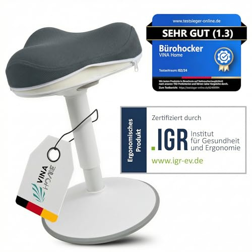 Vina Home SH-01S Zip Ergonomischer Bürohocker mit abnehmbarem Zip-Bezug | Aktives Sitzen & Stabiler Schwingeffekt | Höhenverstellbar 47–65 cm (Graphitblau)