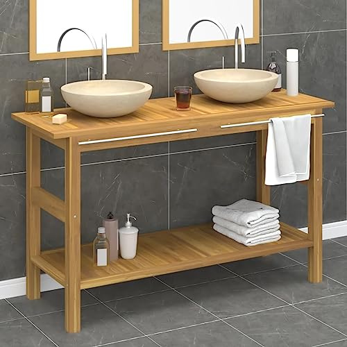 YuuSsea Vanity Cabinet with Sink Cream Marble Top, Brown Teak Wood, 52 inch Double Basin Bathroom Organizer, Wall Mounted Storage