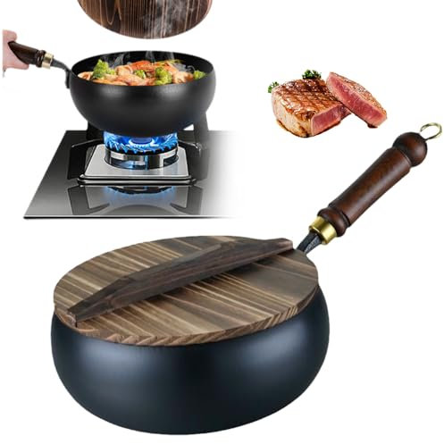 Wok Non Stick, 2025 Ungraded Chinese Handmade Cast Iron Wok with Wooden Lid, No Chemical Coated Cast Iron Frying Pan, Traditional Carbon Steel Woks, Ideal for Induction, Gas, Hobs (28cm / 11.02Inch)