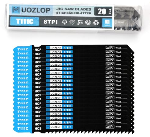 MUOZLOP 20tlg T111C T-Schaft Stichsägeblätter für Holz,Stichsägeblatt Set | T-Schaft Stichsägeblatt Set mit Aufbewahrungskoffer,sägeblätter stichsäge Zubehör (20tlgT111C)