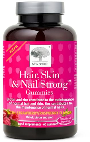 New Nordic Hair Skin Nail Strong Gummies, Biotin, Zinc & Millet, Vegan 60ct | Strawberry & raspberry flavour, biotin & zinc for normal skin, hair & nails, no artificial sweeteners or colours, for 2 daily