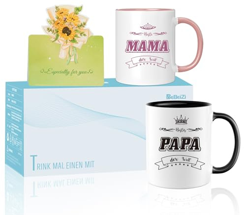 Mama und Papa Tassen Set mit Spruch „Beste Mama & Papa der Welt“ | Geschenkidee für Eltern zu Weihnachten, Geburtstag, Muttertag oder Vatertag | Kaffeetassen im Set