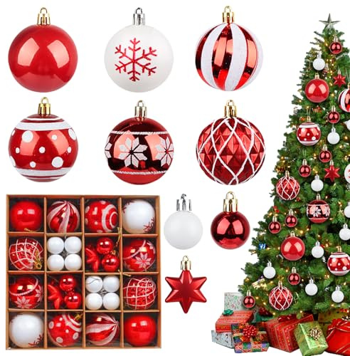 42 Stück Weihnachtskugeln Rot weiß Set, 3cm & 6cm Christbaumkugeln Kunststoff, Christmas Baubles, Bruchsichere Kunststoff Deko Kugeln für Weihnachtsbaum & Festliche Deko