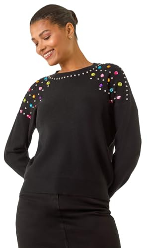 Roman Originals Women Sparkly Embellished Jumper Ladies Diamante Sequin Hotfix Winter Sweater NYE New Year's Eve Christmas Party Going Out Shiny Smart Work Pullover - Black Sparkly - Size SM