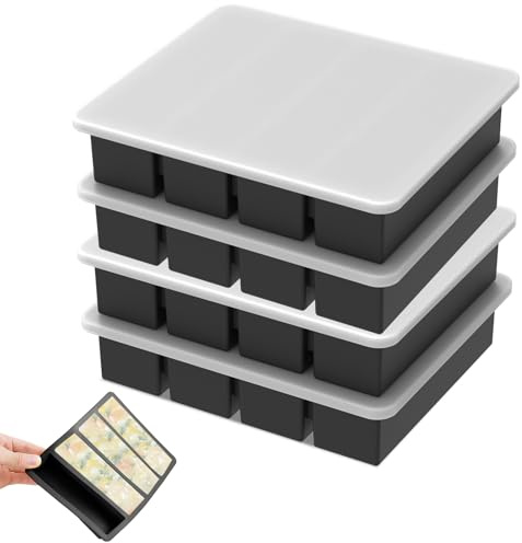 4 Pack Silicone Freezer Tray with Lid, Flexible Soup Freezer Molds, Meal Prep Soup Storage Containers, Easy Release Silicone Food Freezers Tray for Freezing Soups Sauce Leftovers(Black)