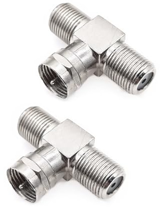 JZK 2PCS F-Type 3 Way T Splitter Connector, F Male to Dual Female Sat TV Coaxial Cable Splitter Adapter, 75ohm TV Antenna Combiner for Cable, Modem, Set-top box, Satellite Receiver, Off-air Antenna