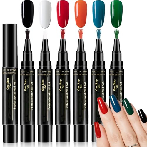 Gel Nail Polish Pens, 6 Colours, Fine Tip Nail Art Applicators | Black, white, red, orange, blue and green shades with fine tips and twist-to-dispense control for home nail art.
