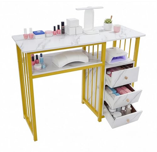 WYmaioyis Nageltisch Maniküre Tisch mit 3 Schubladen, Gold Stahlrahmen Profi Nagelstudio Tisch Marmorierung Textur für Heimtechniker, Spa, Schönheitssalon, Arbeitsplatz