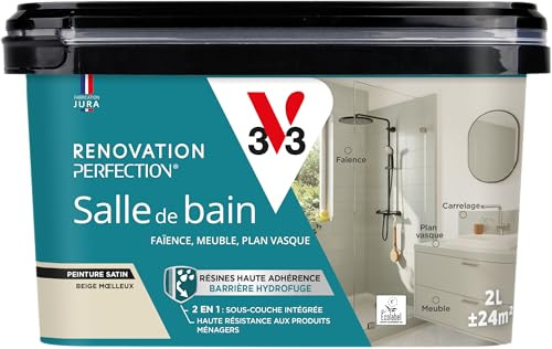 V33 Peinture Rénovation Perfection® Salle de Bain Beige Moelleux Satin 2L | Haute Adhérence - Barrière Hydrofuge - Sous-Couche intégrée - Ecolabel - Faïence - Meuble - Plan Vasque