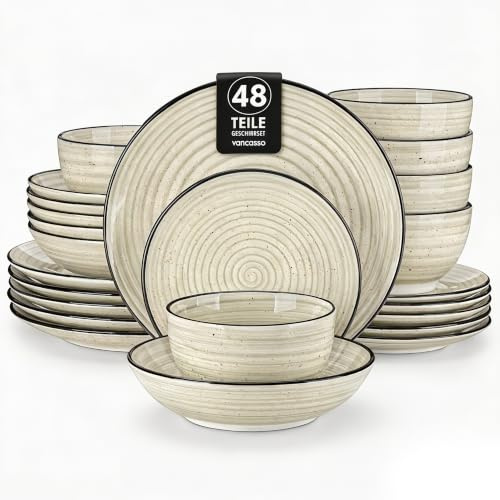 vancasso Bonbons - Vajilla de gres (48 piezas, para 12 personas) | 12 platos llanos, 12 platos de postre, 12 cuencos, 12 cuencos para cereales, aptos para lavavajillas, microondas, color beige