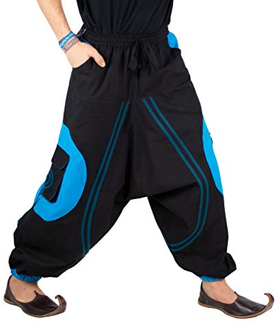 Kunst und Magie Herren Hippie Haremshose mit Goa Spiral Muster, Größe:S/M, Farbe:Schwarz/Blau