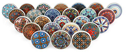 Rasiya Art Mandala Boho Drawer Knobs - Decorative Multicolor Floral Drawer Pull Handle Kitchen Cabinet Door Knobs Interior Decor - Set of 25