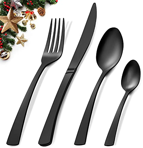 Cutlery Set, BEWOS 16-Piece Matt Black Stainless Steel Flatware Set, Silverware Tableware Set with Spoon Knife and Fork Set, Service for 4, Easy Clean/Dishwasher Safe