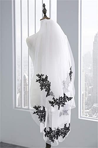 ABWYB Doppelschicht Brautschleier Hochzeit Weicher Tüll mit Kamm, Kathedrale Schwarz Spitze Blumenrand Schleier Damen Hochzeit Kopfschmuck Zubehör für Fotostudio und Party,Weiß,80cm/100cm