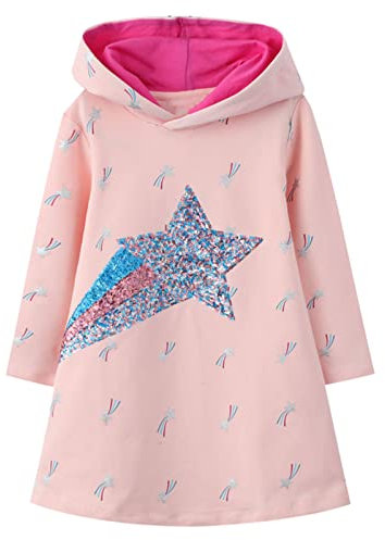 JinBei Ragazza Abito con Cappuccio Felpa Manica Lunga Cotone Paillettes Stelle Rosa Pullover Vestito Casual Maglione Tunica Bambina Autunno Primavera Invernali Top T-Shirt 6-7 Anni