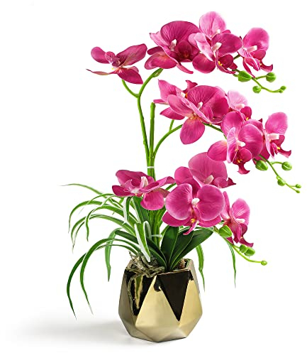 Künstliche Orchideen, künstliche Orchidee, künstliche Pflanzen und Blumen in Vase, künstliche Orchideenpflanzen für Heimdekoration, Fuchsia-Blumen mit goldener Vase, 48.3 cm