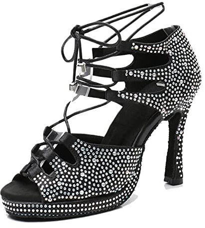 LITNERMIA Sandalias modernas de baile latino con cordones para mujer, para boda, fiesta, L425 Plataforma negra Tacón de 10 cm, 39.5 EU