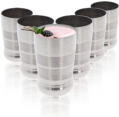 Stainless Steel Cups Drinking Glasses Set of 6 Metal Reusable Tumbler Unbreakable Shatterproof Cocktail Wine Beer Water Juice Iced Coffee Party Travel Camping Outdoor (Striped World Cup - 330ml)