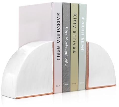 Marble Pattern Style White Rose Gold Ceramic Bookends, Decorative Ceramic Book Ends for Shelves, Marble Pattern Style Ceramic Bookshelf Decor, Decorative White Ceramic Book Stoppers, Set of 2