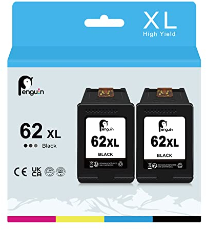 Penguin Ersatz-Tintenpatrone für wiederaufbereitete Druckerpatronen für HP 62xl 62 XL (2 Schwarz) für Envy 5544 5540 5545 5644 5646 5548 7640 Officejet 200 250 258 5740 5744 8045 Drucker