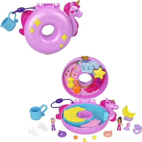 Polly Pocket Kompaktes Spielset, Sparkle Cove Adventure Einhorn Floatie Set mit 2 Mikro-Puppen, Farbwechsel & Wasserspiel, HNG05