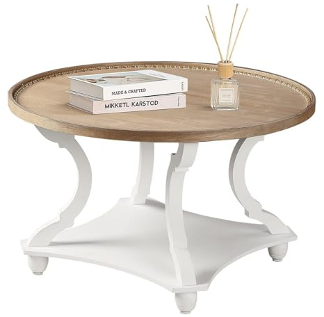 Wnutrees Farmhouse Runder Couchtisch, Holztablett mit Ablagefach | Rustikaler Mittelständer für Wohnzimmer, Vintage-Finish, Holzakzente, Weiß