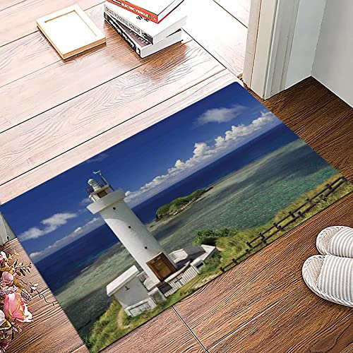 Badematte 50x80cm, Rutschfeste Badteppich, Leuchtturm Dekor, Hiracbosaki Leuchtturm Meer Grün Wolken Reiseziel Landschaft,Mikrofaser Badvorleger mit, Wasserabsorbierende Weiche teppiche für Badezimmer