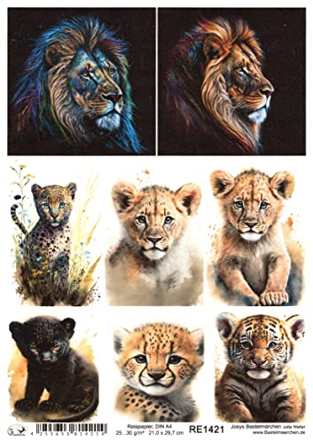 Josys Bastelmärchen Reispapier A4 Strohseide Motiv Raubtiere Tiger Löwe Leopard Gepard Panter RE1421