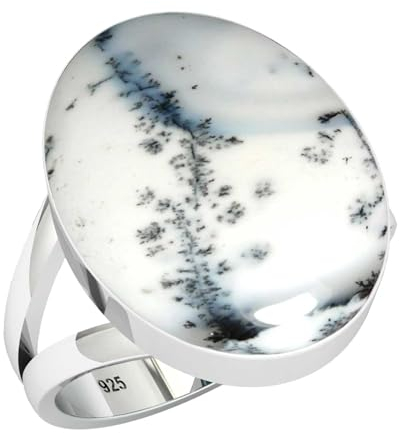 Jeweloporium Bague en argent sterling 925 avec agate dendrite grise, taille 58, pour femme, bijou fait main en pierre précieuse ovale naturelle.