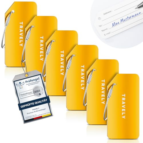 Travely Premium Kofferanhänger - leicht Erkennbar, Robust & Sicher - inkl. Namensschild und Privatsphäre Schutz I Vielseitig und Praktische Adressanhänger, Namensanhänger & Gepäckanhänger