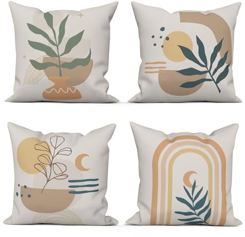 ASDCXZ Boho 4er Set Kissenbezug 60x60 cm Böhmisch Quadratisch Couch Sofa Dekoration Kissenbezüge, Modern Abstrakt Kunst Sonne Mond Blätter Pflanzen Waschbar Polyester Textil Outdoor Kopfkissenbezug
