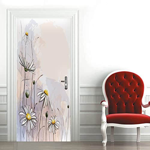 Türfolie Selbstklebend Weiße Blume Graffiti Türtapete PVC Türposter Tapete Abnehmbar Türaufkleber Abziehen und Aufkleben Klebefolie Möbel Wasserdichte Fototapete Türfolie 88x200cm
