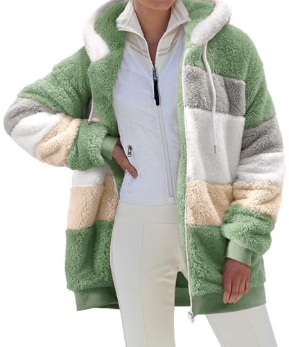 Yuson Girl Felpe con Cappuccio Donna Felpa in Pile Patchwork Manica Lunga Felpe Donna con Zip Autunno Invernale Felpa Pelosa Casual Giacca Teddy Outwear Caldo Cappotto con 2 Tasche(Verde, L)