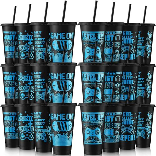Mifoci 24 Pcs Video Game Plastic Cups with Lids and Straws Reusable Tumbler with Lid and Straw Cute Iced Coffee Travel Cups Mug Water Bottle for Adult Kid Gaming Birthday Party Supplies (Black,Blue)