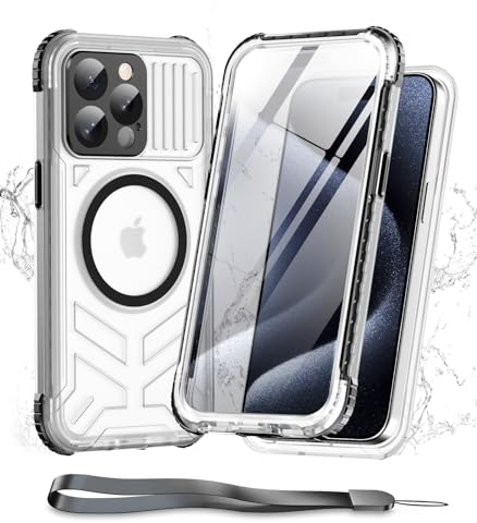 WIFORT for iPhone 15 Pro Max Waterproof Magnetic Case, Compatible with MagSafe, IP68 Underwater Military Shockproof Full Body Built-in Screen Sealed Protector, Frosted Translucent Cover 6.7''-Black