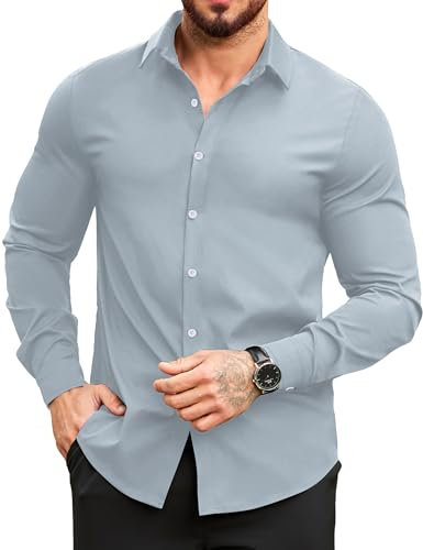 COOFANDY Shirts Mens Non Iron Slim Fit Dress Shirts Long Sleeve Casual Stretch Business Formal Wedding Shirt Light Blue XL