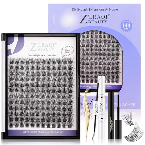 Cluster Lashes 144Pcs Individual Lashes DIY Eyelash Extensions Kit Russian D Curl Volume Fluffy false eyelashes with Lashes Bond & Seal, Applicator and Lash Remover Glue (Purple)
