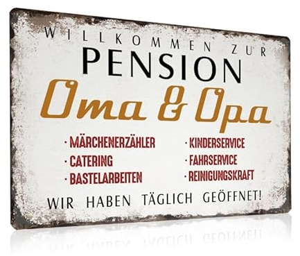 Retro Blechschilder Oma Opa Schild 20x30cm - Metallschilder mit lustig Sprüchen - WILLKOMMEN ZUR PENSION OMA OPA - Geschenkideen für Geburtstag Großeltern Rentner Senioren Enkelkinder lieben.w2