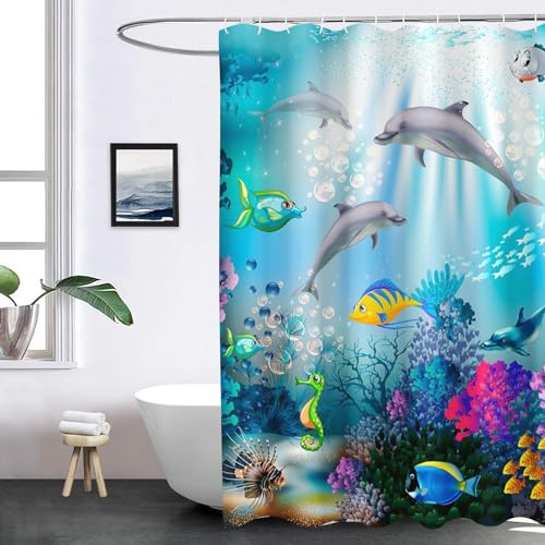 FABTOP Delphin Duschvorhang 180x200 120x200cm, Wasserfeste 3D Ozean-Thema Delphin Duschvorhänge Blau Delphin Shower Curtains Antischimmel Textil (4,180 x 200 cm)