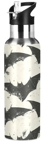 Wzzzsun Black White Halloween Bats Water Bottle Insulated Sport Vacuum Cup Stainless Steel Jug for 600ML Coffee Tea