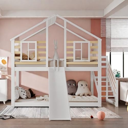 Lit cabane Enfants 90x200 Lit superposé Enfant lit Double lit Simple Protection Anti Chute en Bois Massif avec escalier et Grille avec Toboggan et fenêtre avec en Bois Massif Blanc